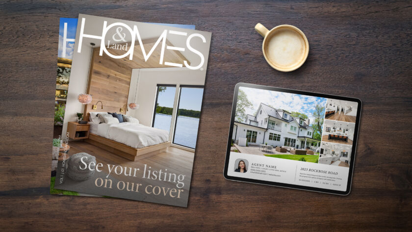 Premium magazine spread featuring a luxury real estate advertisement showcasing an elegant modern home on a high-end editorial layout