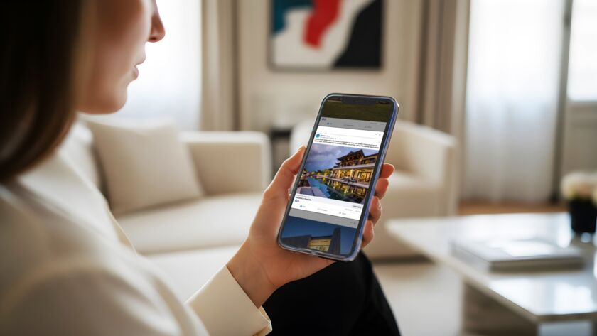 Realtor reviewing real estate social media posts and ad campaign performance on a smartphone
