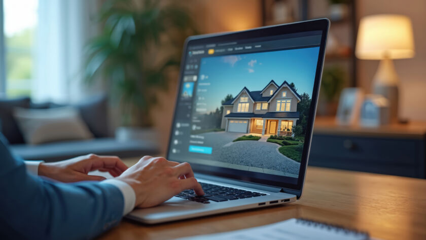 Realtor reviewing a real estate social media template on a laptop to keep branding consistent.